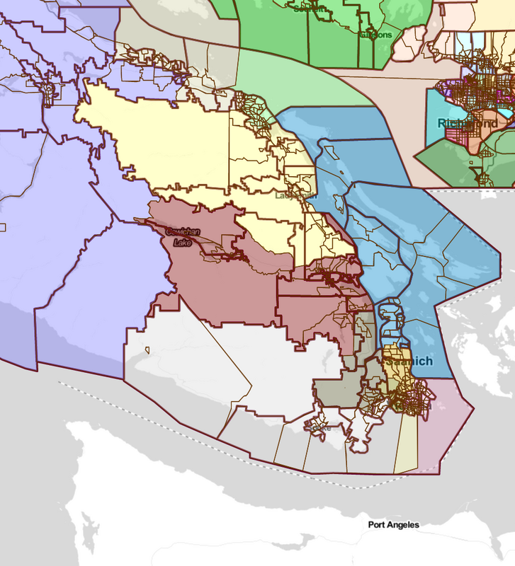 Overview/zoomed out view of Nick's suggestions for provincial electoral boundaries on southern vancouver island