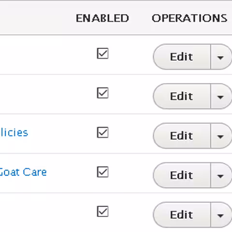 Drupal 8+ edit menu view showign 5 menu items - Home and Goats on the top level and then 3 items as child items for Goats.