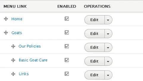 Drupal 8+ edit menu view showign 5 menu items - Home and Goats on the top level and then 3 items as child items for Goats.