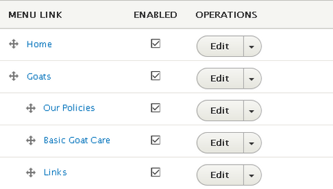 Drupal 8+ edit menu view showign 5 menu items - Home and Goats on the top level and then 3 items as child items for Goats.
