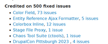 Screenshot of section of Drupal.org profile showing "Credited on 500 fixed issues" and listing a few of the proejct I've most recently been credited on